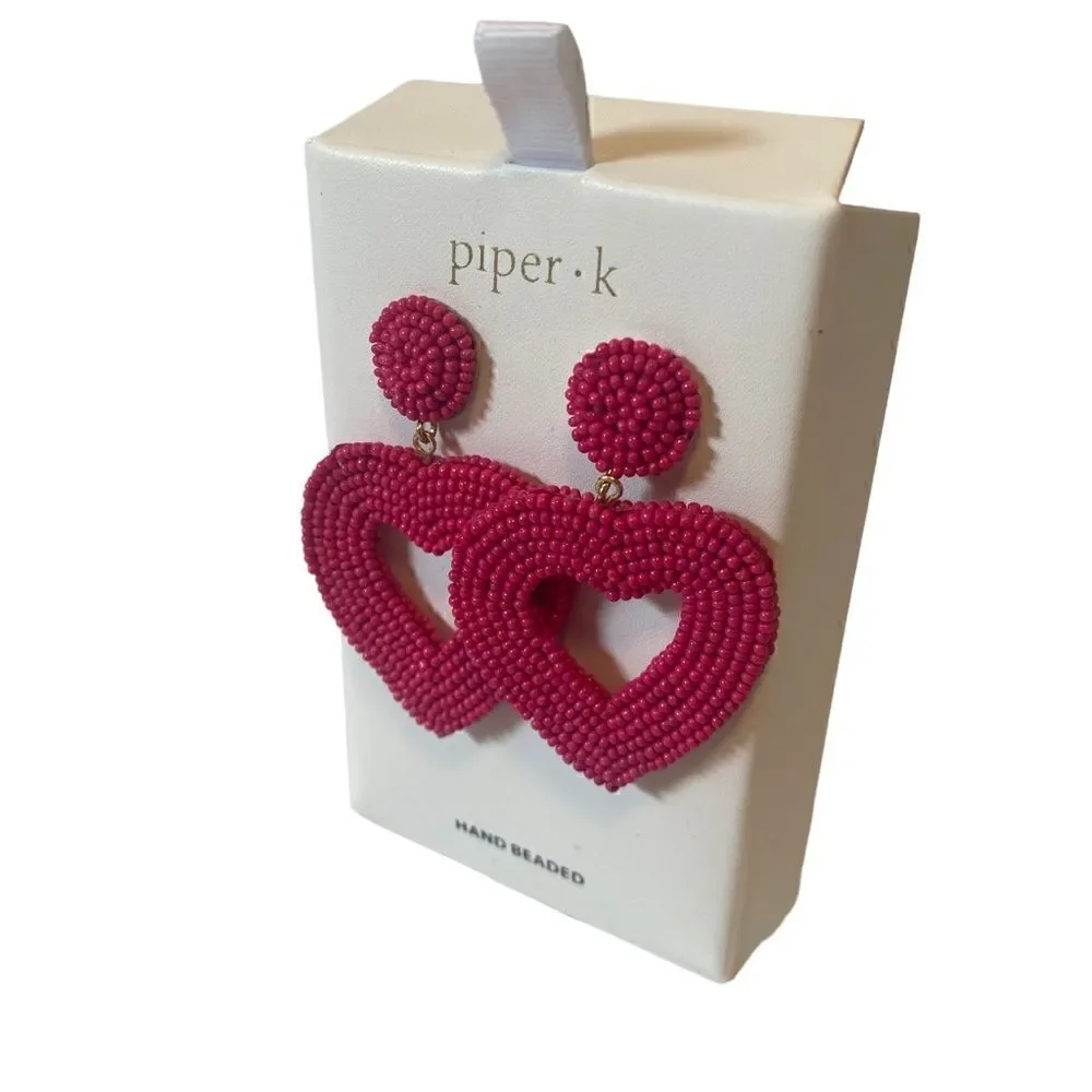 Piper.k Hot Pink Seed Bead Open Heart Drop Earrings.